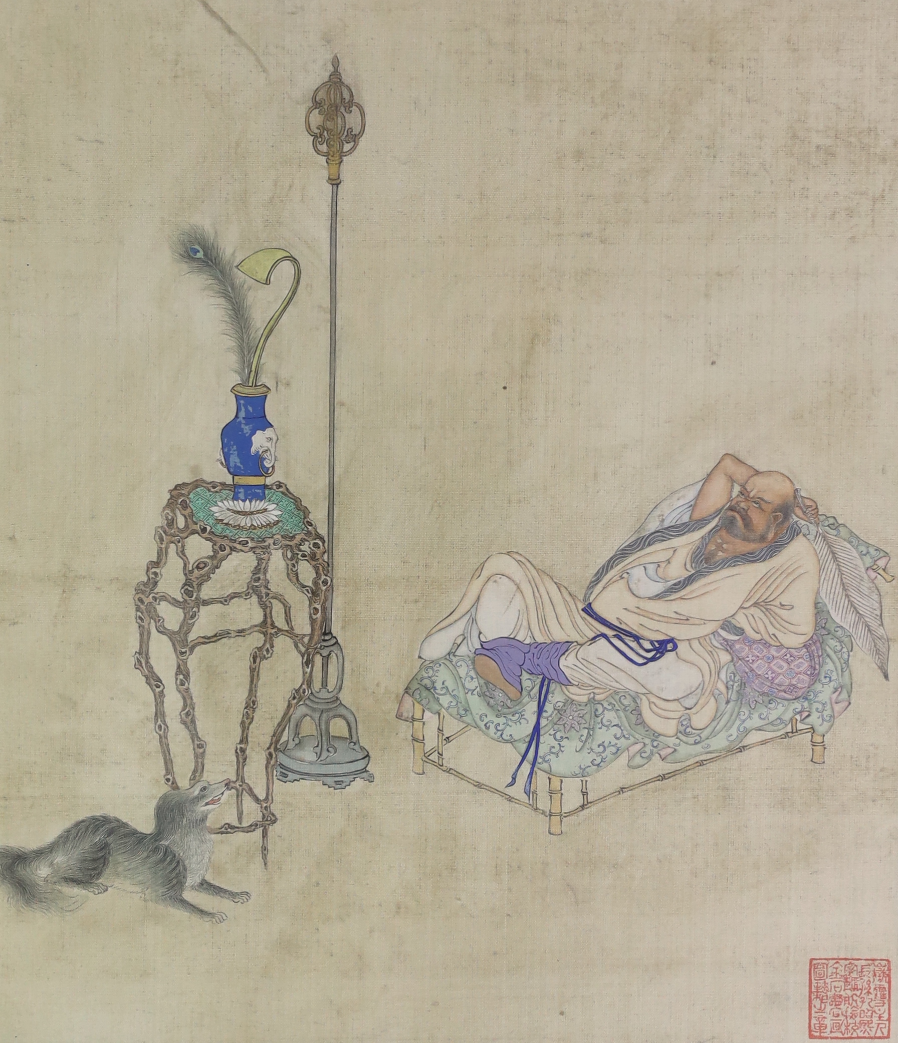 A Chinese painting on silk of a scholar recumbent on a daybed, 19th century